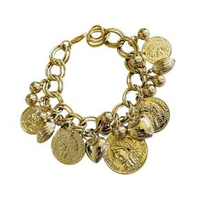 Charm Bracelet VtG Bold Heart Coin Statement Dangle Gold Tone Chunky Retro 7"
